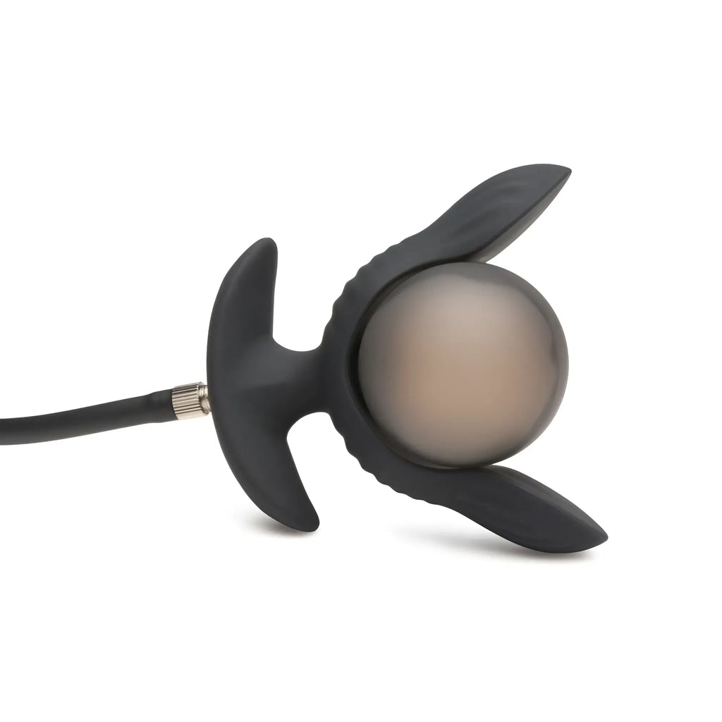 Master Series Dark Pearl inflatable butt plug with a black base and a round, semi-translucent smoke-colored sphere.
