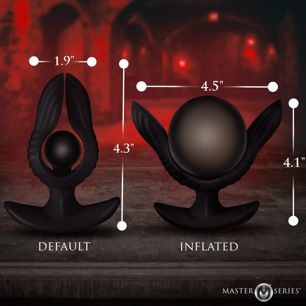 Master Series Dark Pearl inflatable vibrating butt plug shown in default and inflated states with measurement dimensions.