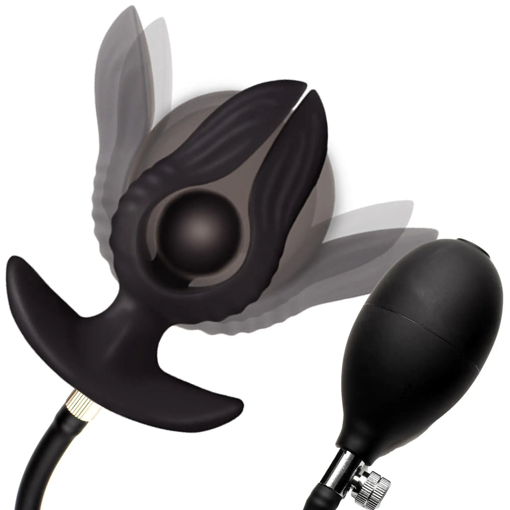 Master Series Dark Pearl: Black inflatable butt plug with blooming, petal-like expansion and hand-operated inflation pump.