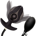 Master Series Dark Pearl: Black inflatable butt plug with blooming, petal-like expansion and hand-operated inflation pump.