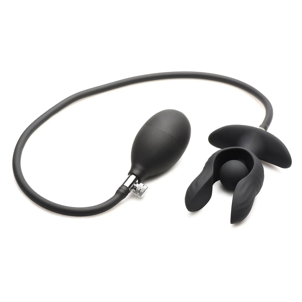 Master Series Dark Pearl: black inflatable vibrating butt plug with a manual pump, connected by a black silicone tube.