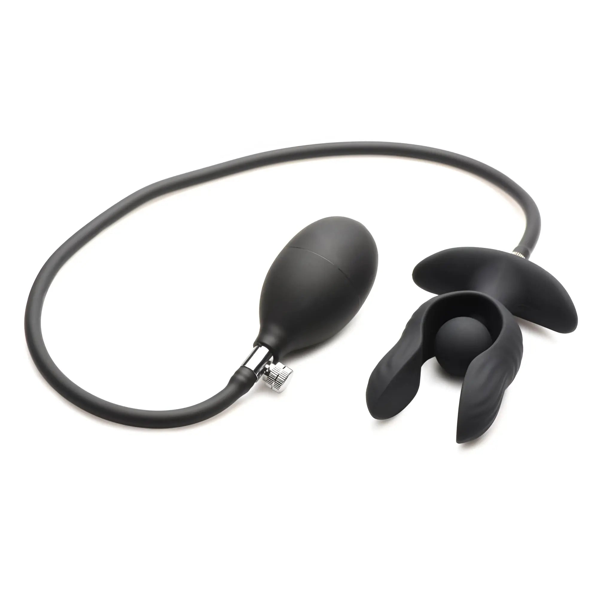 Master Series Dark Pearl: black inflatable vibrating butt plug with a manual pump, connected by a black silicone tube.