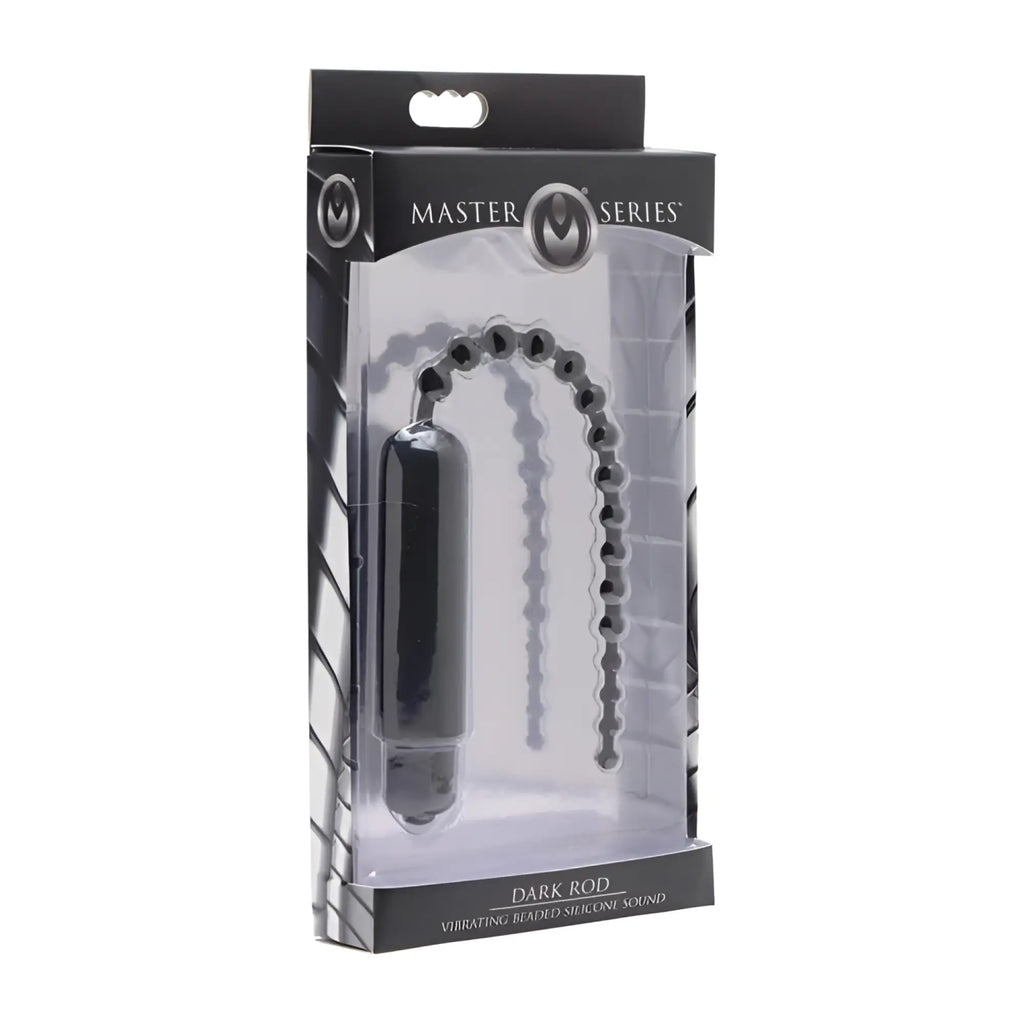 Master Series Dark Rod vibrating beaded silicone sound in black packaging.