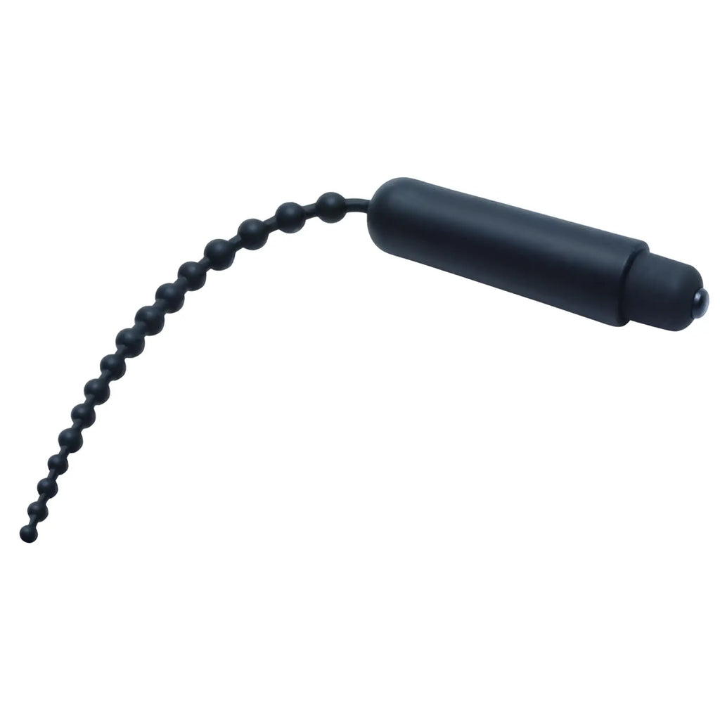 Master Series Dark Rod vibrating silicone sound: a black, cylindrical handle attached to a long string of small beads.