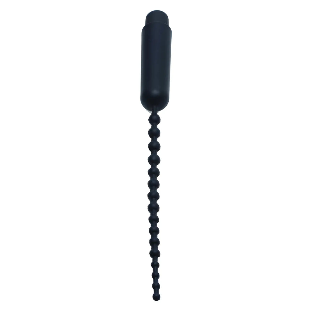 Master Series Dark Rod: A black silicone vibrating sound tool featuring a smooth cylindrical head and beaded tail.