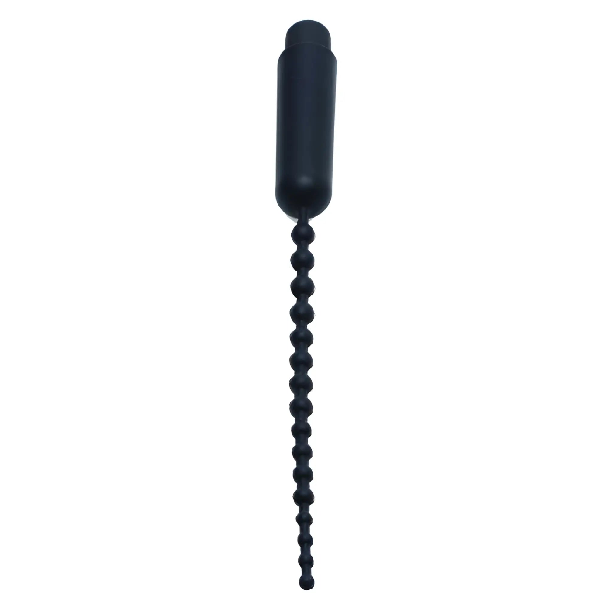 Master Series Dark Rod: A black silicone vibrating sound tool featuring a smooth cylindrical head and beaded tail.