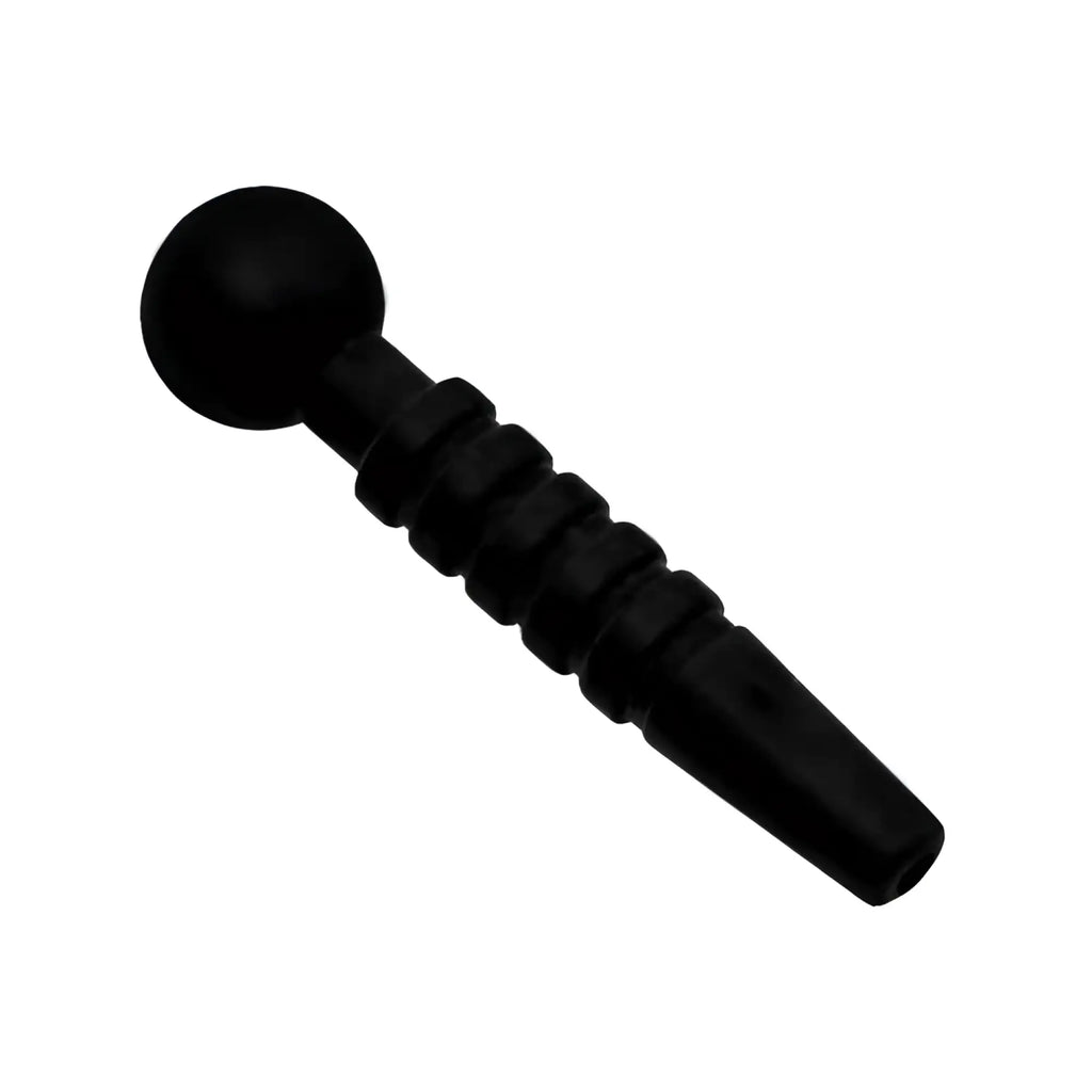 Master Series Dark Rod: A black, silicone penis plug featuring a ribbed texture and a rounded base.