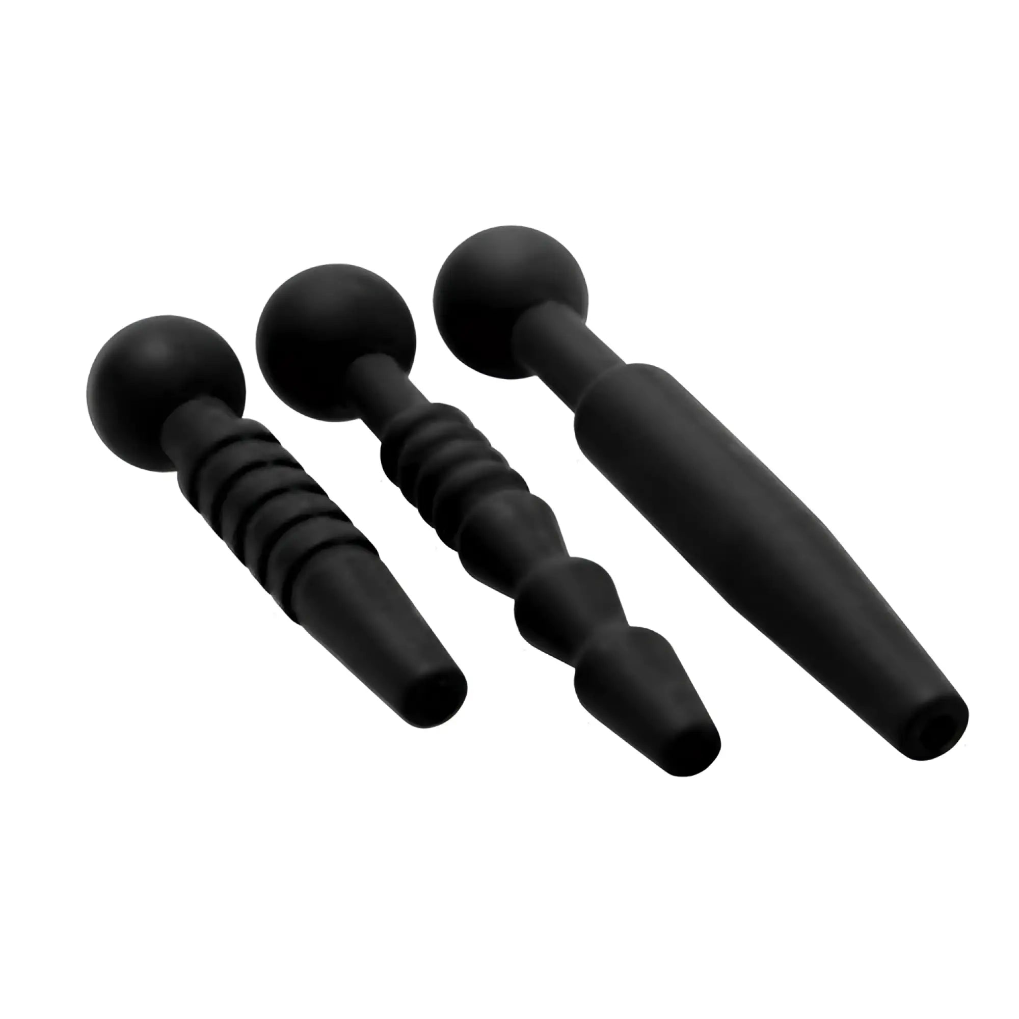 Master Series Dark Rods: 3-piece set of black silicone penis plugs with varying smooth and textured designs.