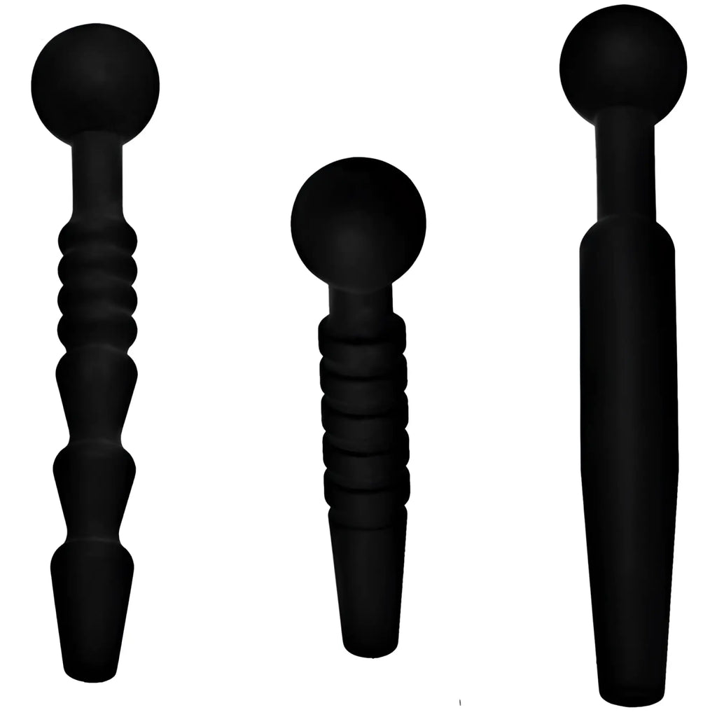 Master Series 3-piece black silicone penis plug set featuring varied textured and smooth shafts with ball-tip handles.