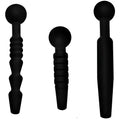 Master Series 3-piece black silicone penis plug set featuring varied textured and smooth shafts with ball-tip handles.