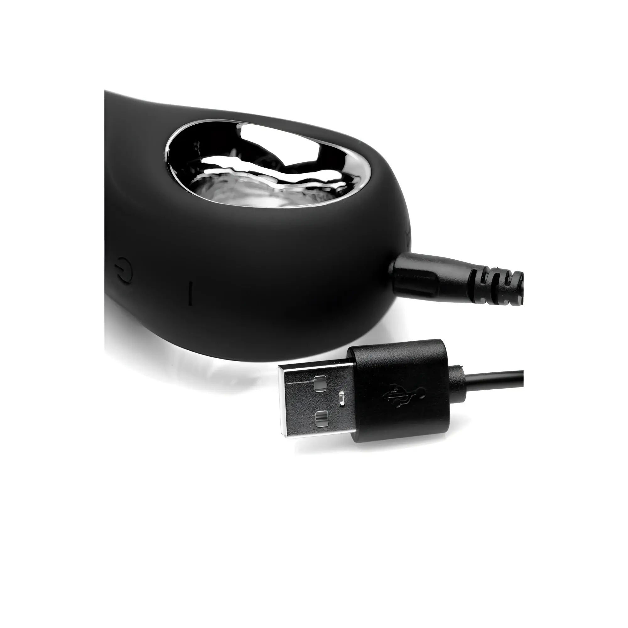 Master Series Dark Scepter black silicone vibrating anal beads, showing the charging port and USB magnetic cable.