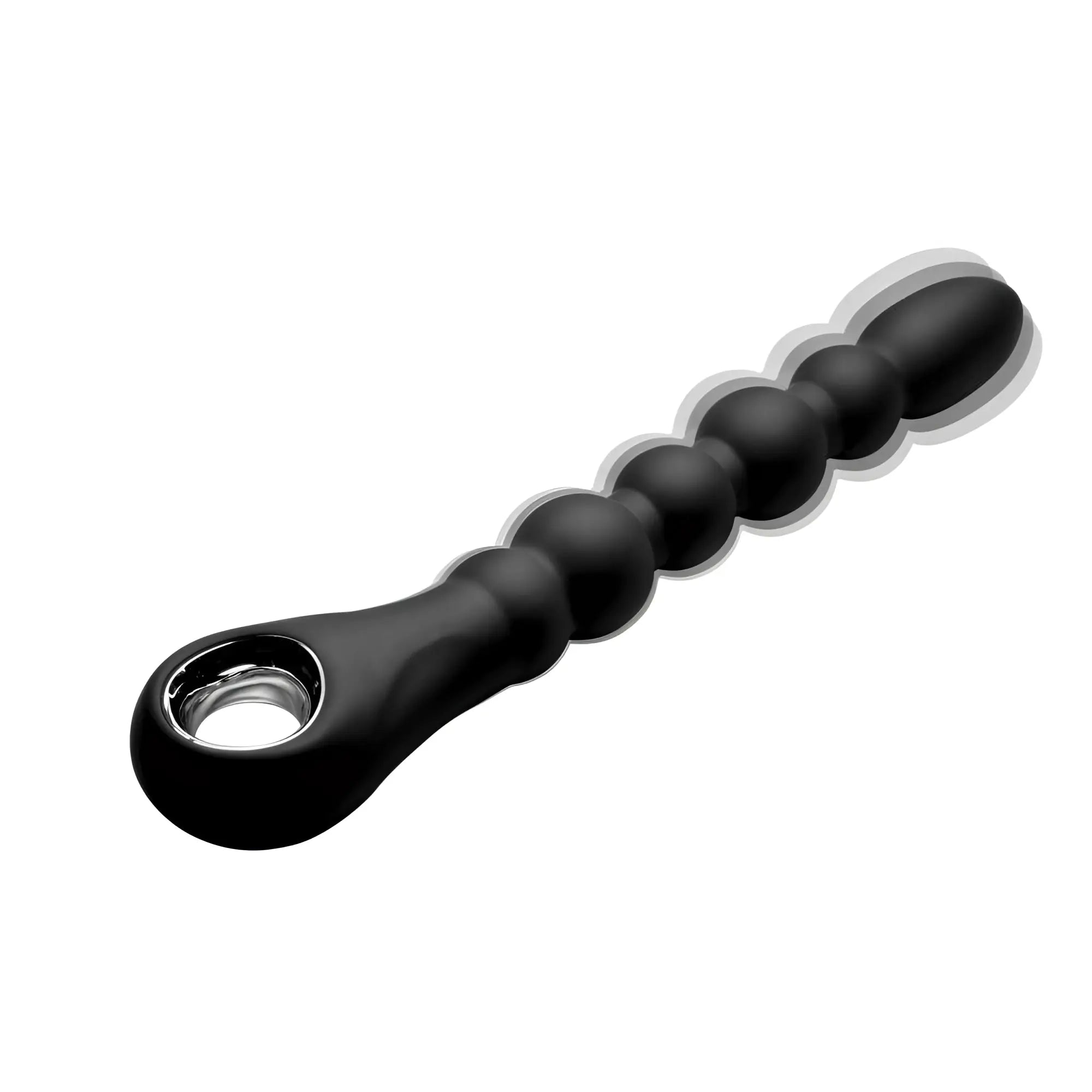 Master Series Dark Scepter: Black silicone 10-bead anal toy with a smooth, tapered design and a silver-toned base ring.