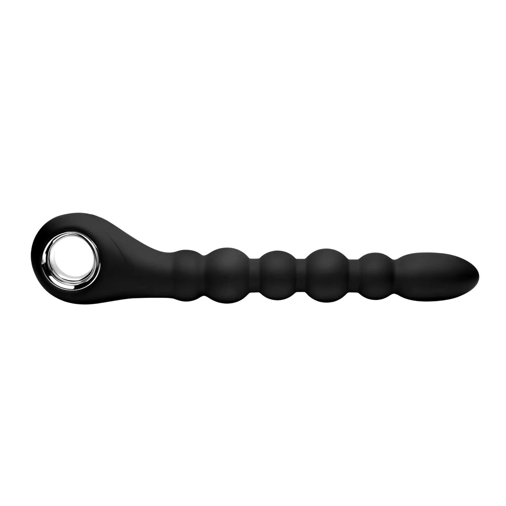 Master Series Dark Scepter: Black silicone 10-bead anal toy with a circular pull ring, shown on a white background.