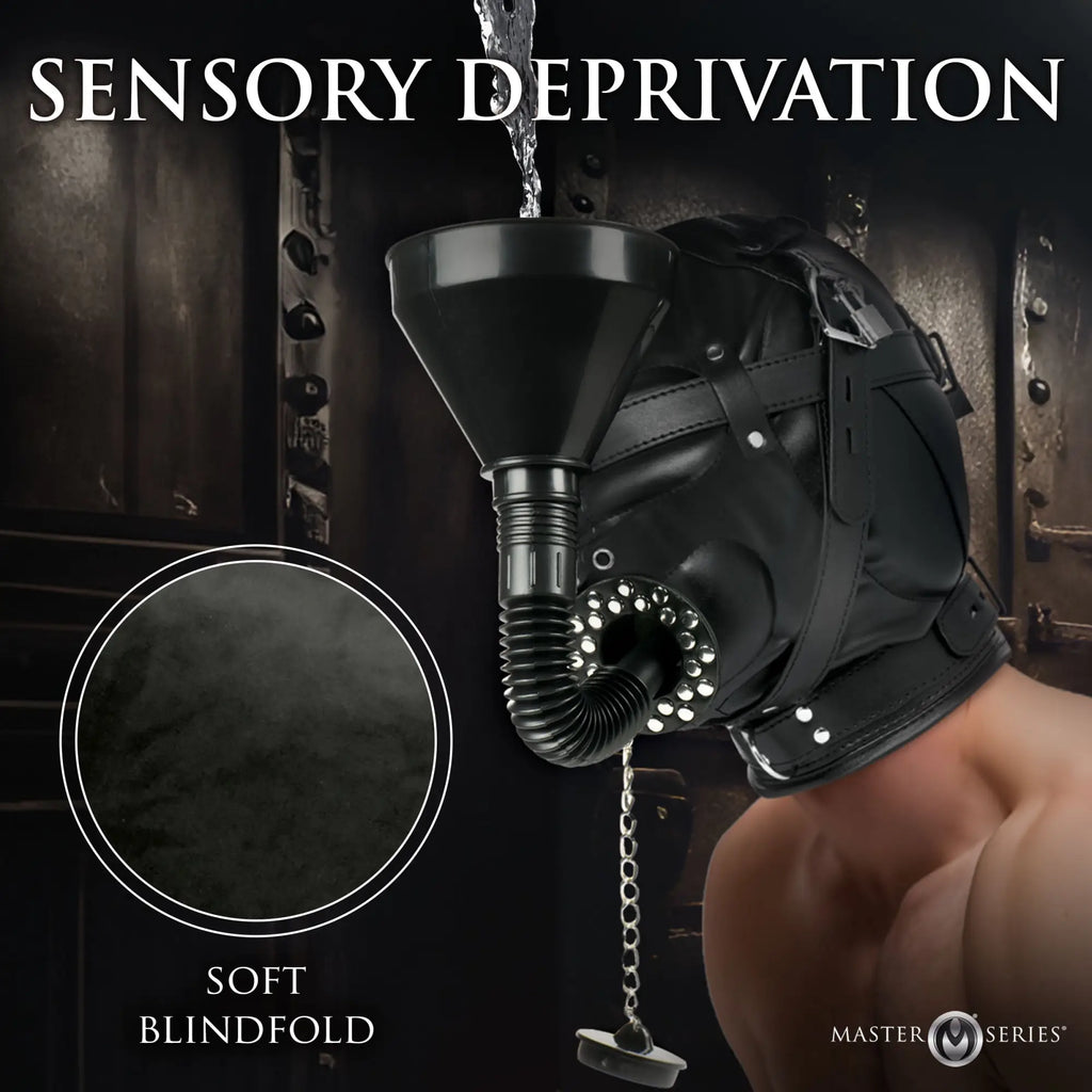 Master Series sensory deprivation hood in black leather, featuring an attached funnel with tube and metal grommets.