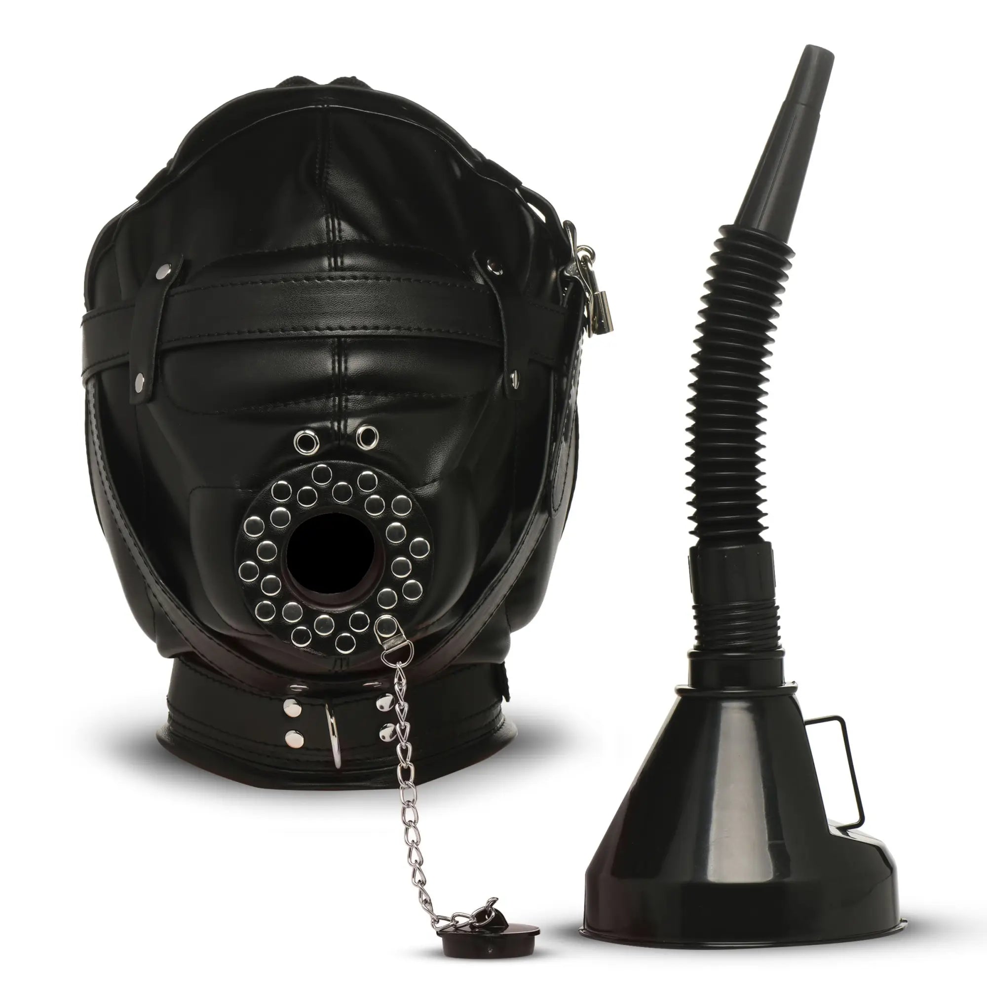 Black leather Master Series sensory deprivation hood with a grommeted mouth opening and an attachable plastic funnel.