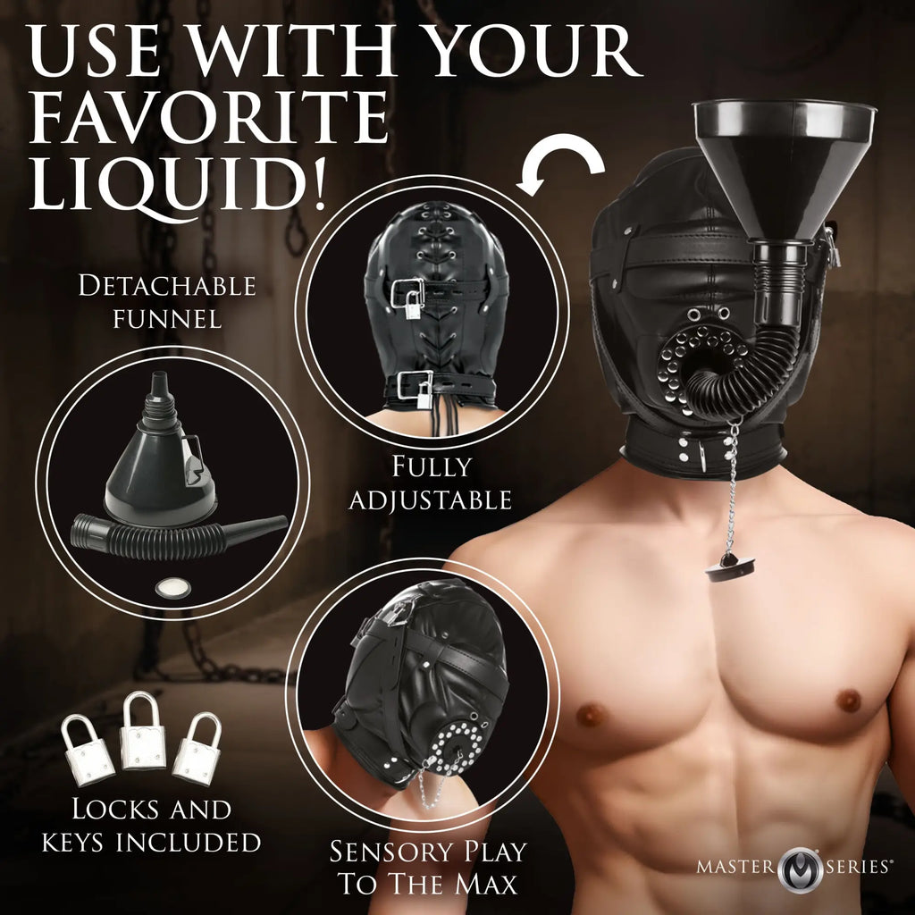 Master Series black leather sensory deprivation hood with a detachable funnel, metal hardware, and included padlocks.