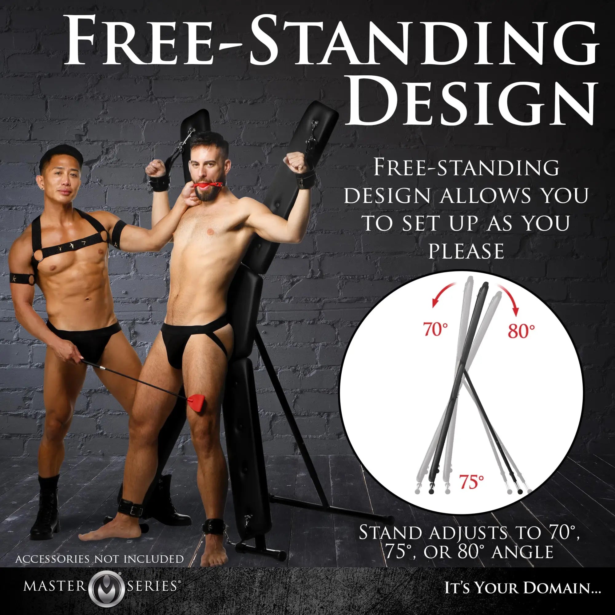 Master Series Deluxe St. Andrew's Cross: A black, free-standing, adjustable angle restraint cross against a brick wall.