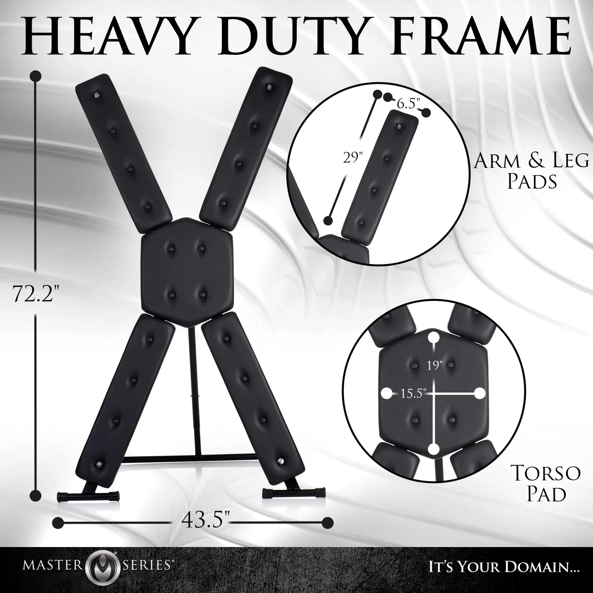 Master Series Deluxe St. Andrew's Cross: black, tufted, X-shaped frame with dimensions and inset pad detail views.