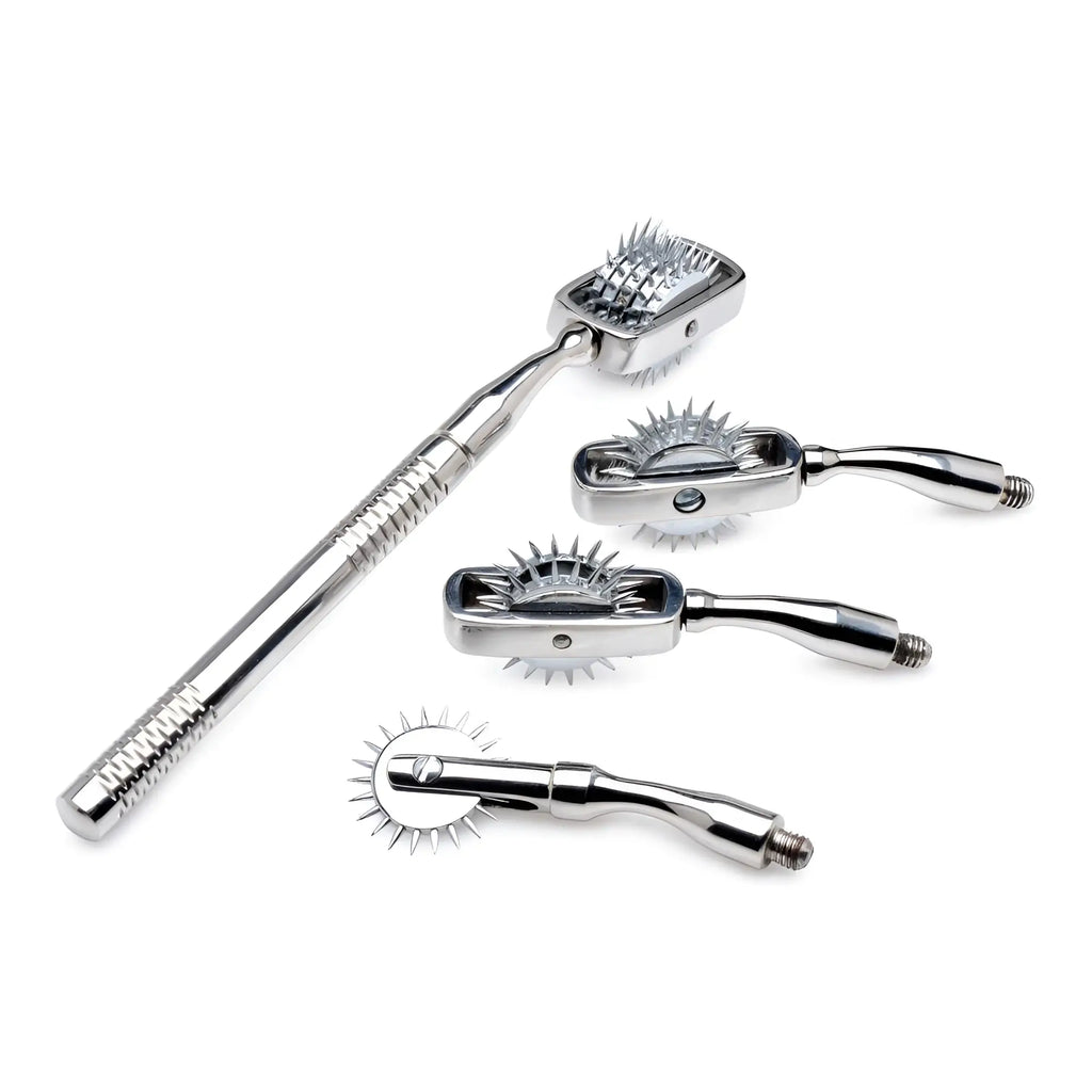 Master Series Deluxe Wartenberg wheel set featuring four chrome-plated sensory wheels with pins on a white background.