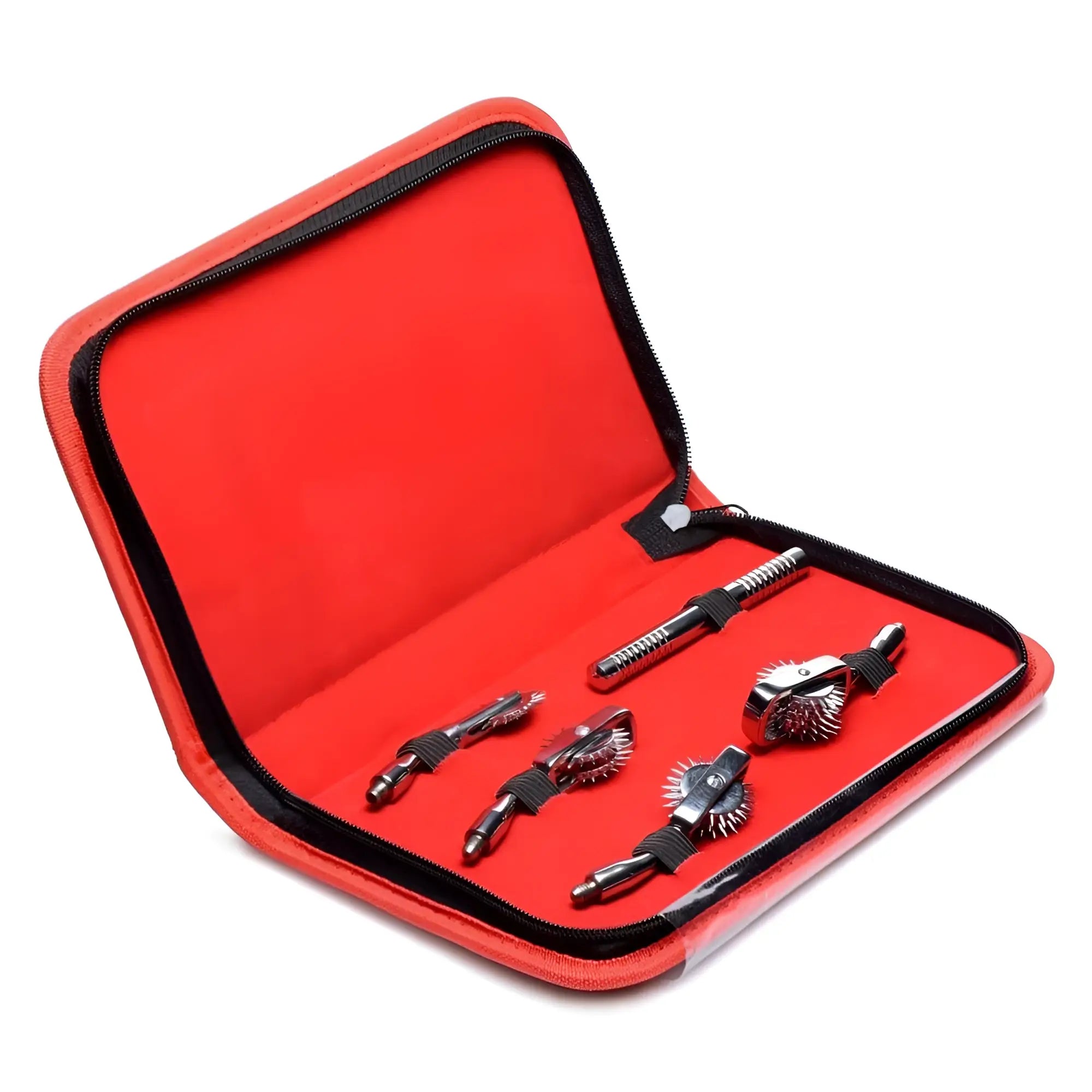 Master Series Deluxe Wartenberg Wheel Set in a vibrant red zippered travel case with four stainless steel pinwheels.