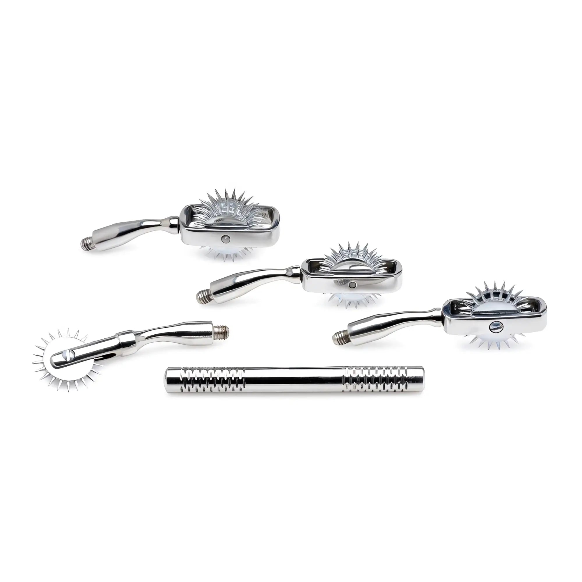 Master Series Deluxe Wartenberg Wheel Set: four interchangeable silver spiked wheels and one textured handle.