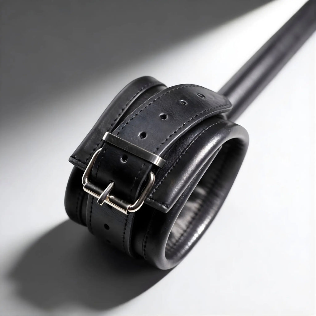 Master Series Deluxe black leather spreader bar cuff with silver-tone metal buckle, isolated on a light background.