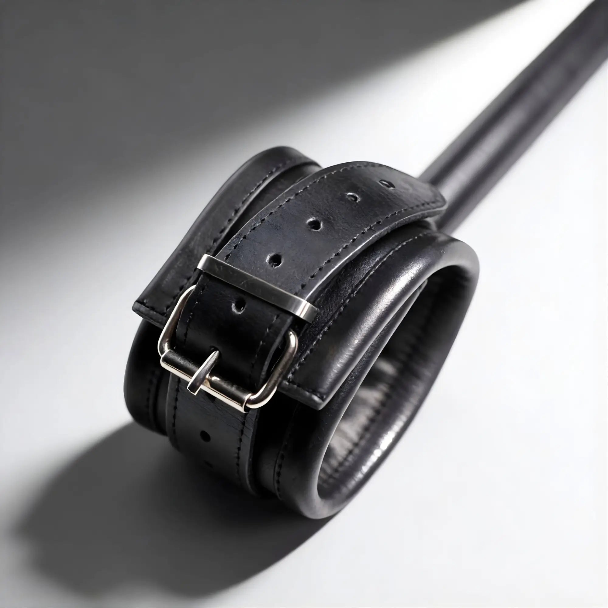 Master Series Deluxe black leather spreader bar cuff with silver-tone metal buckle, isolated on a light background.
