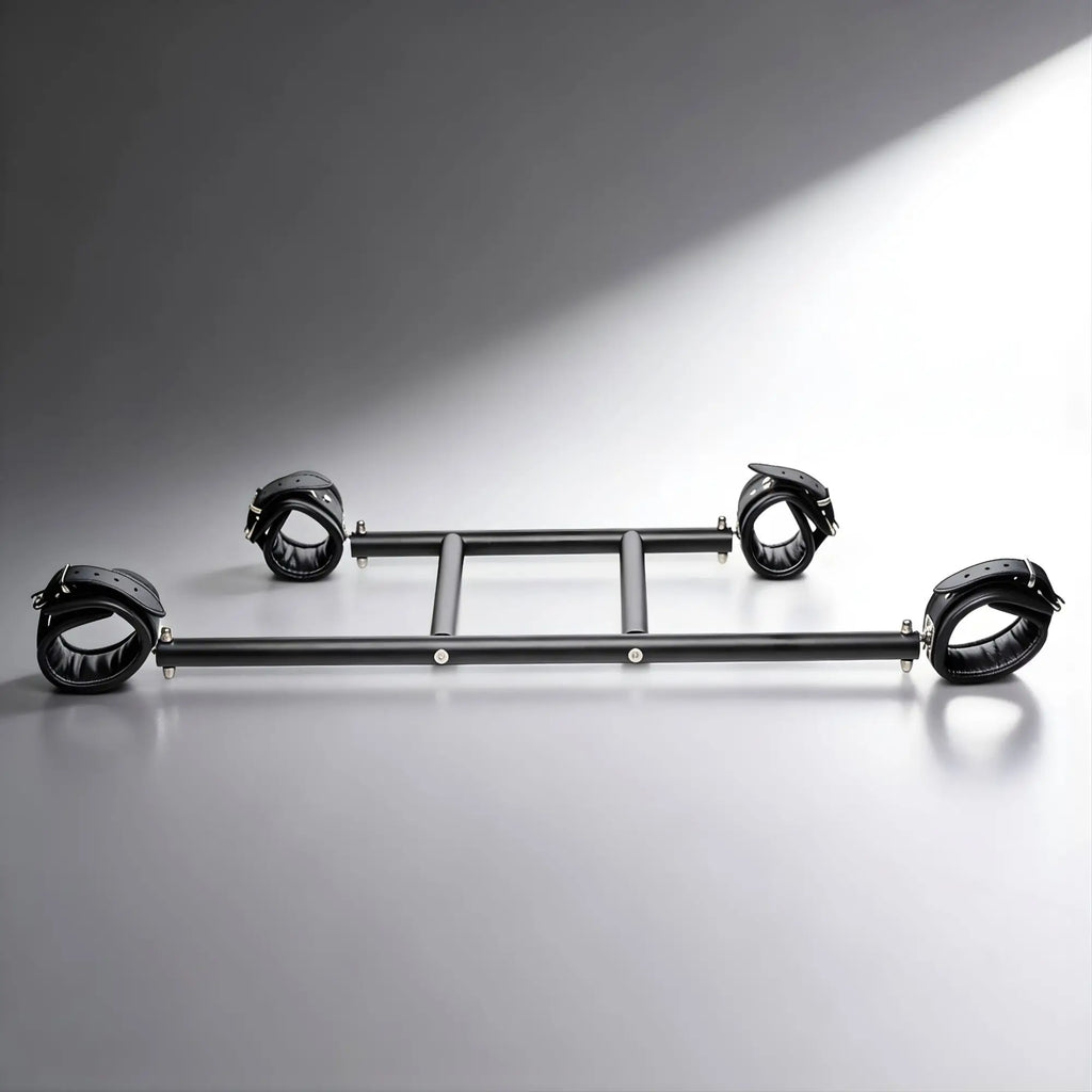 Master Series Deluxe black metal spreader bar with four adjustable padded leather wrist and ankle cuffs.