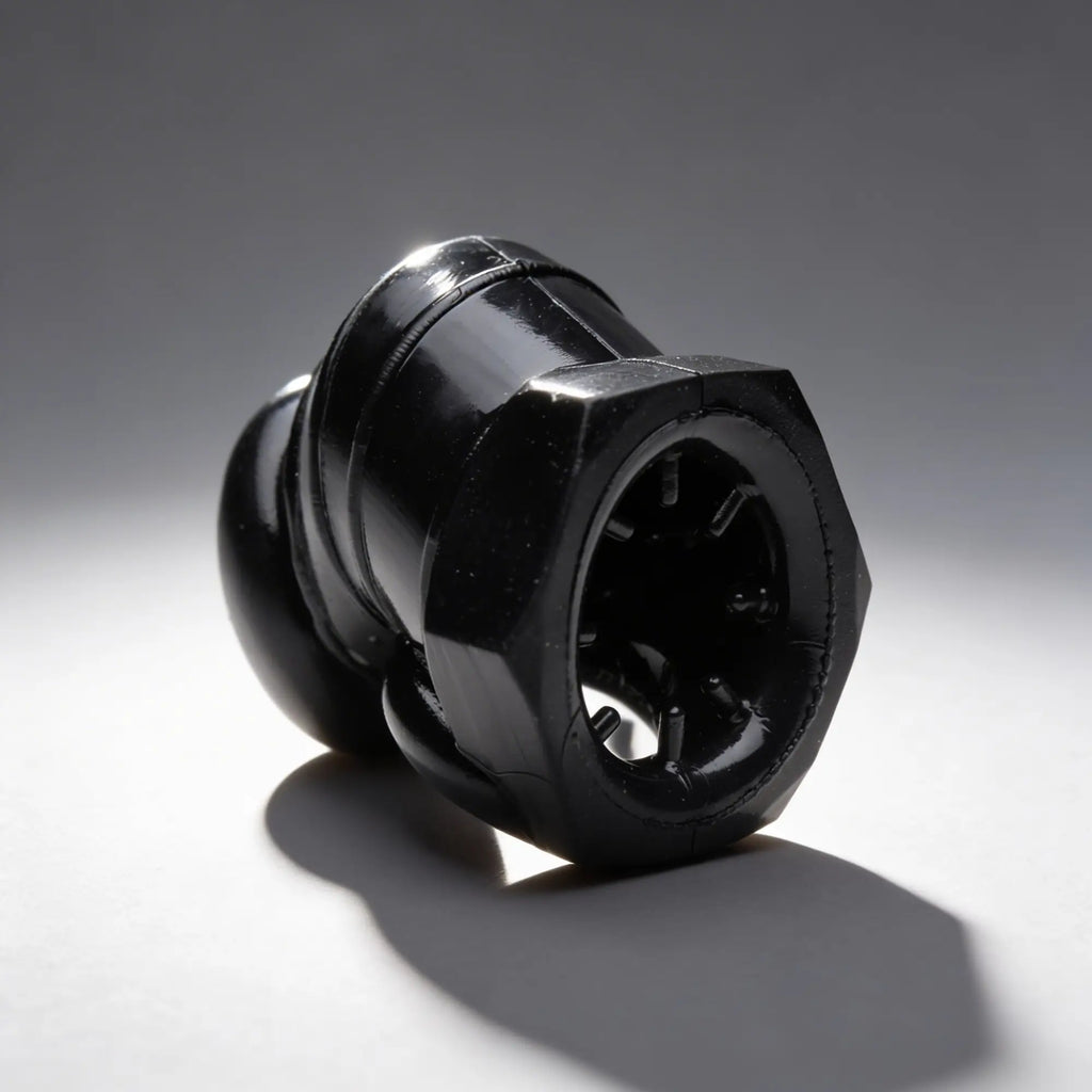 Master Series Detained: A glossy black, cylindrical restrictive chastity cage with an angled, hexagonal base.