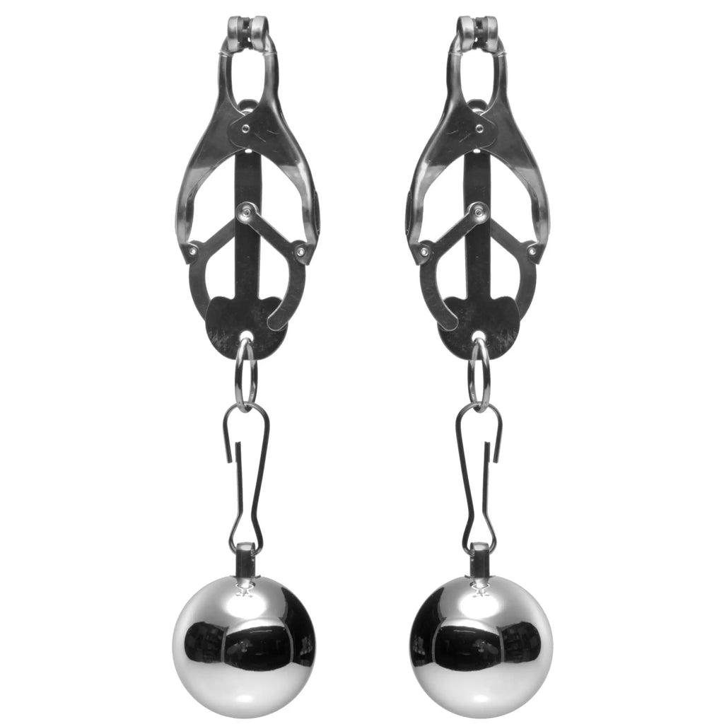 Master Series Deviant Monarch weighted nipple clamps featuring silver metal clips and detachable polished steel balls.