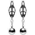 Master Series Deviant Monarch weighted nipple clamps featuring silver metal clips and detachable polished steel balls.