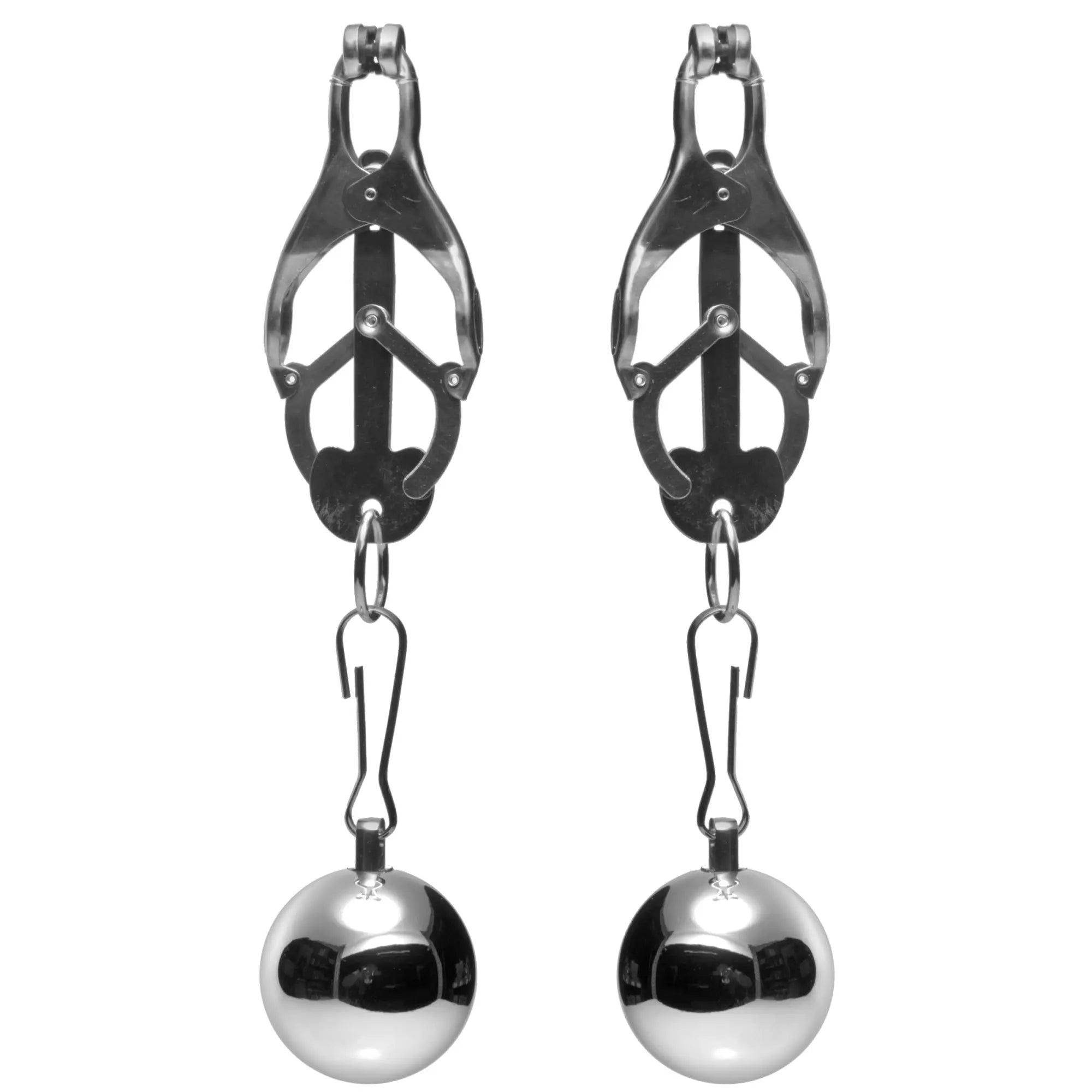 Master Series Deviant Monarch weighted nipple clamps featuring silver metal clips and detachable polished steel balls.