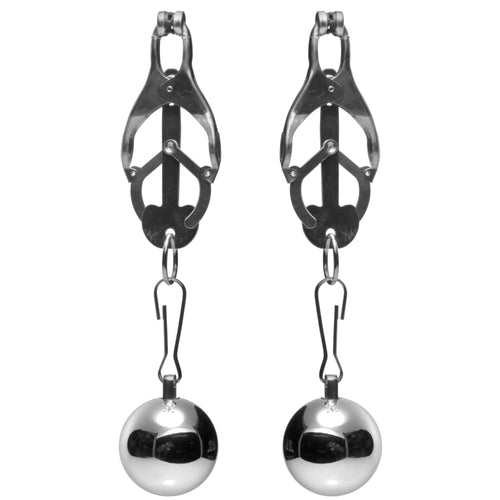 Master Series Deviant Monarch weighted nipple clamps featuring silver metal clips and detachable polished steel balls.