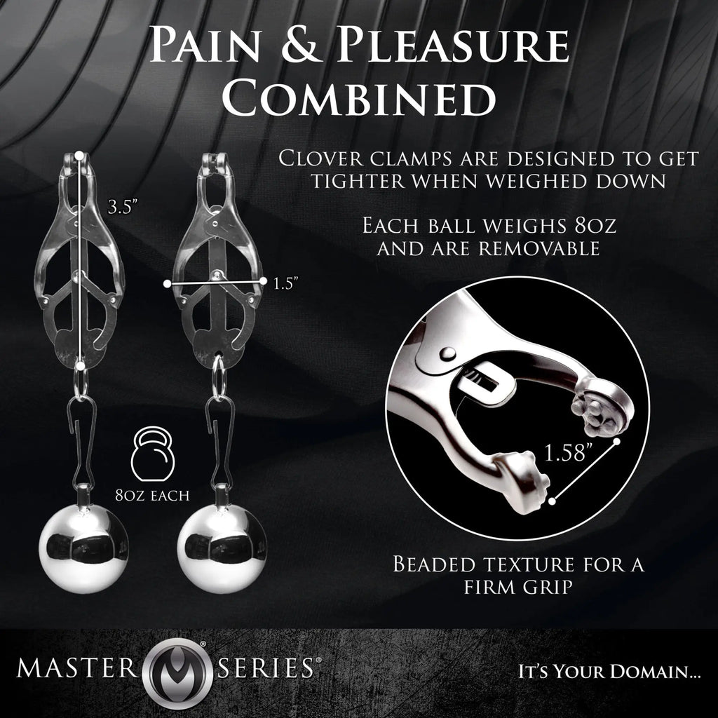 Master Series Deviant Monarch weighted silver nipple clamps with removable 8oz balls and beaded grip tips.