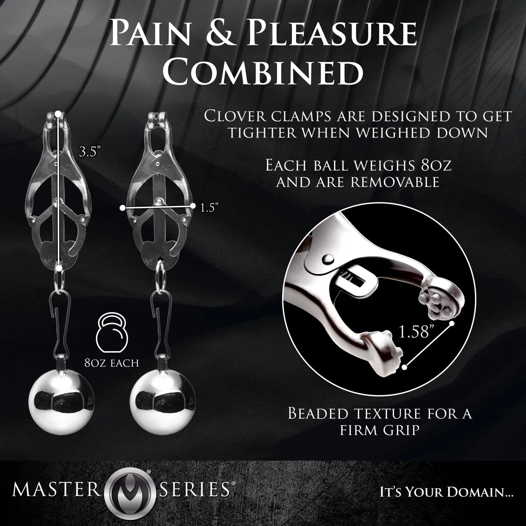 Master Series Deviant Monarch weighted silver nipple clamps with removable 8oz balls and beaded grip tips.