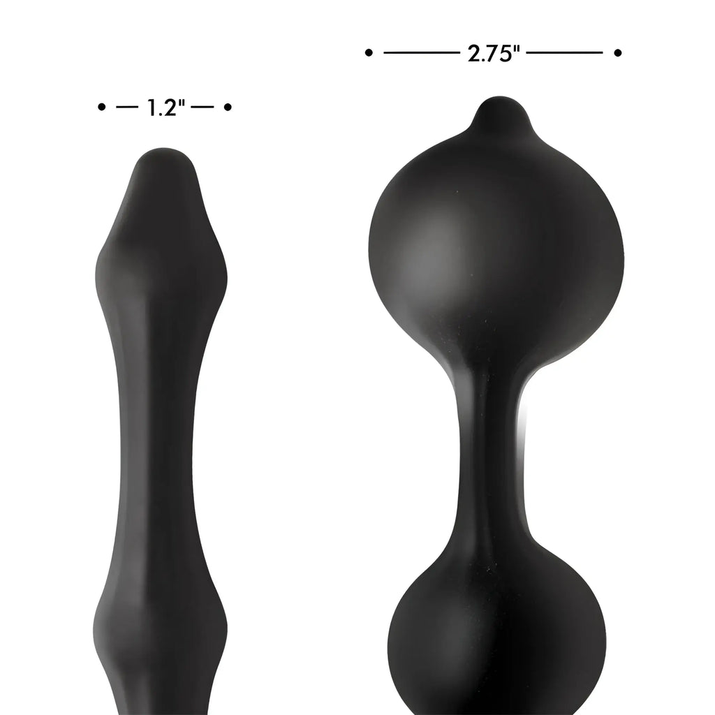 Master Series Devils Rattle black silicone inflatable anal plug showing deflated (1.2") and inflated (2.75") states.