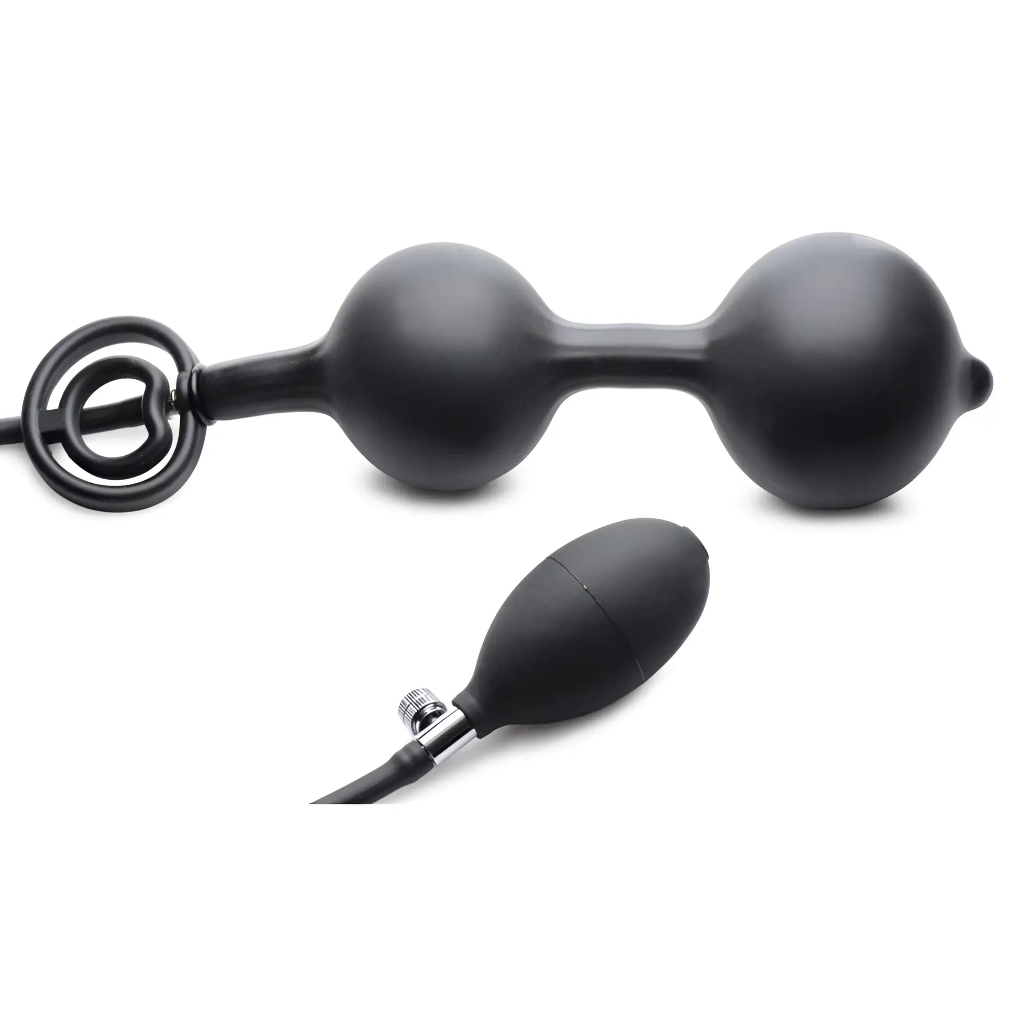 Black Master Series Devils Rattle inflatable silicone anal plug with cock and ball ring and manual hand pump.