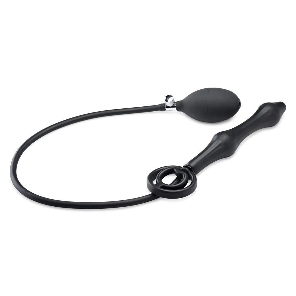Master Series Devils Rattle black silicone inflatable anal plug with a cock and ball ring and hand inflation pump.
