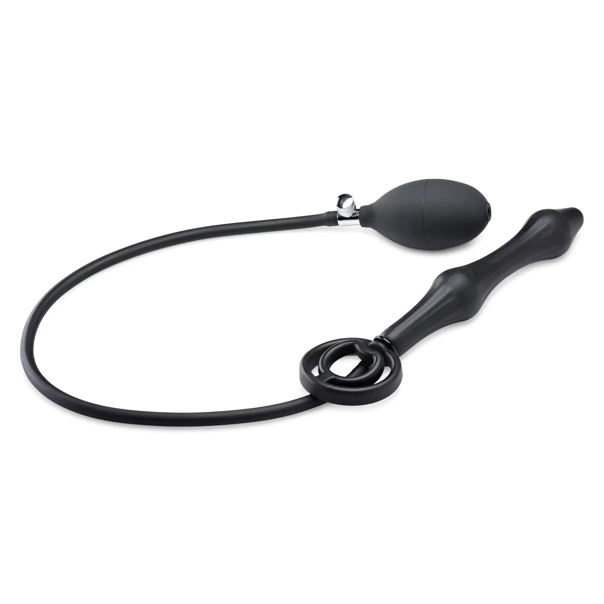 Master Series Devils Rattle black silicone inflatable anal plug with a cock and ball ring and hand inflation pump.