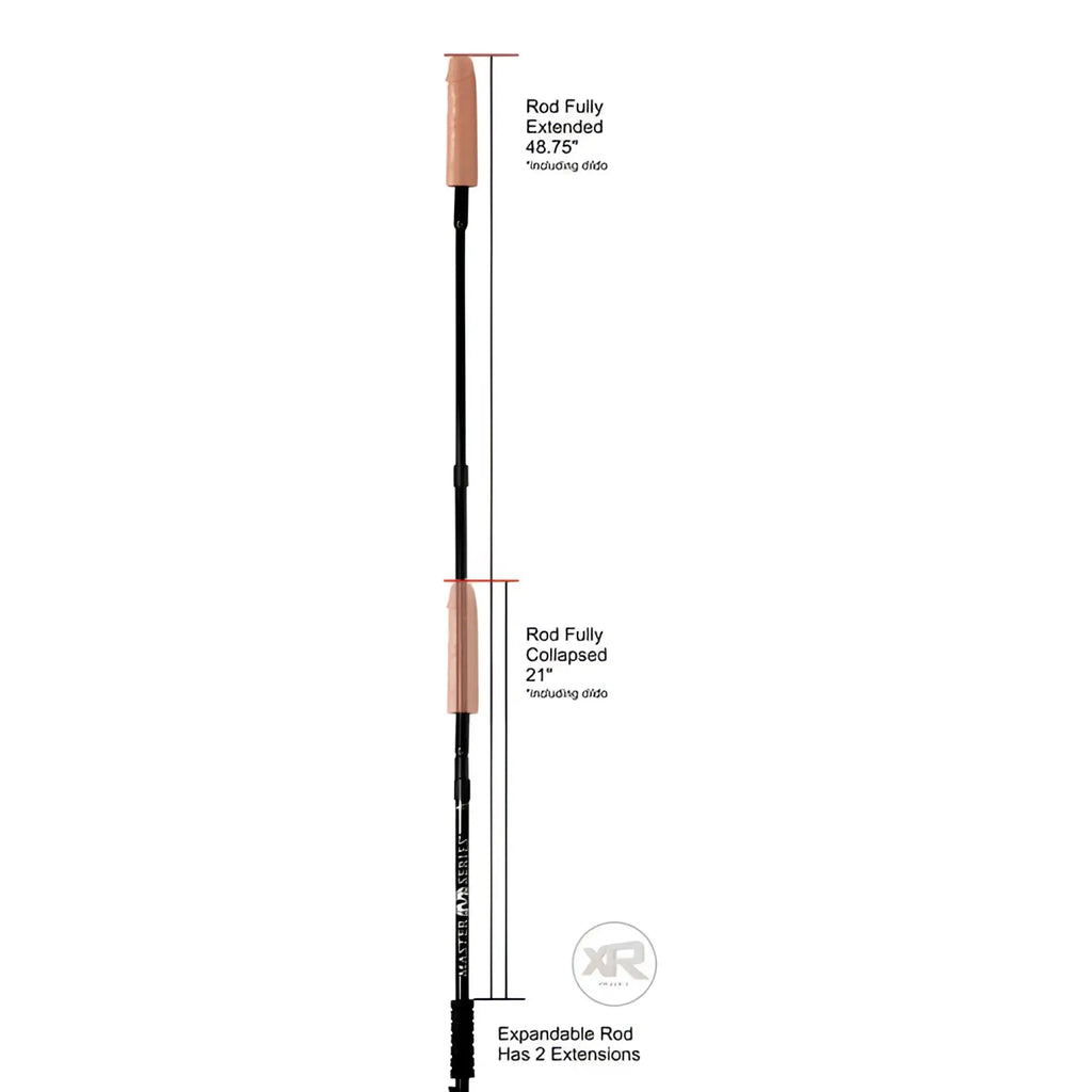 Master Series Dick Stick expandable dildo rod, shown in collapsed and extended states with length measurements.