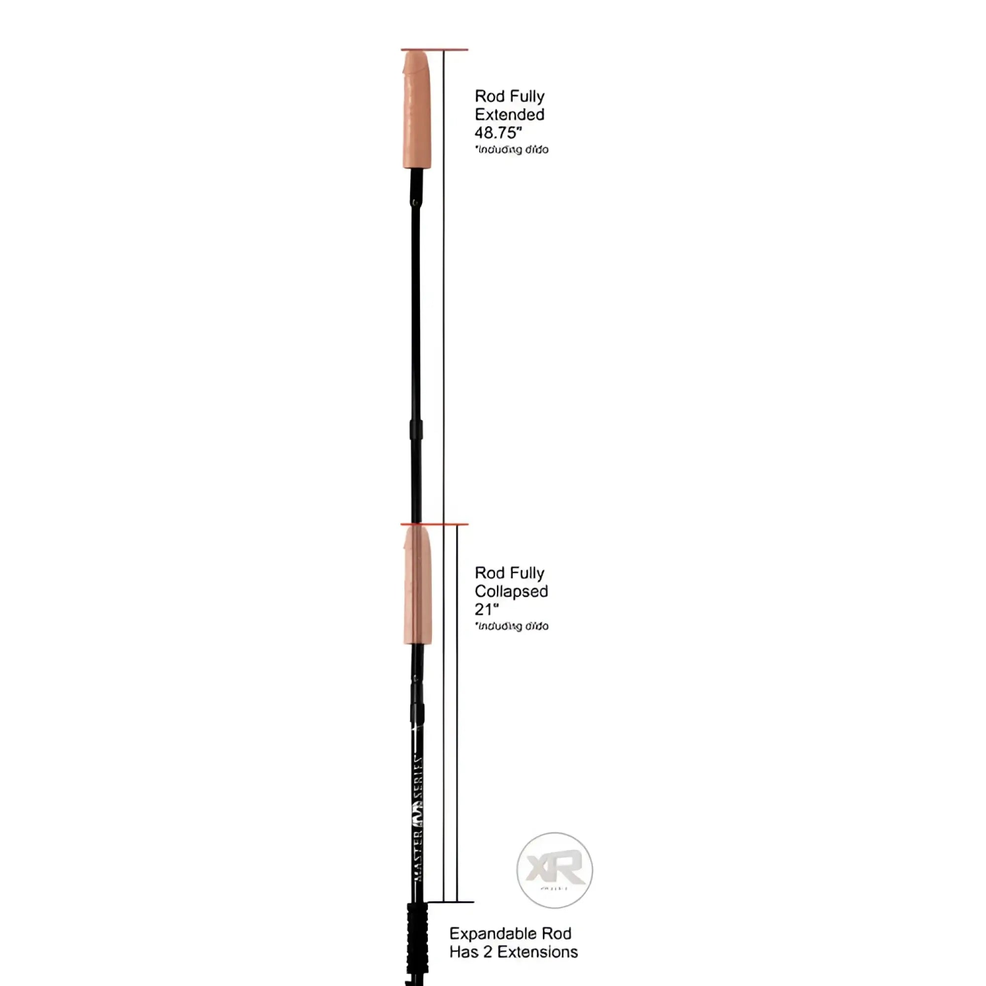 Master Series Dick Stick expandable dildo rod, shown in collapsed and extended states with length measurements.