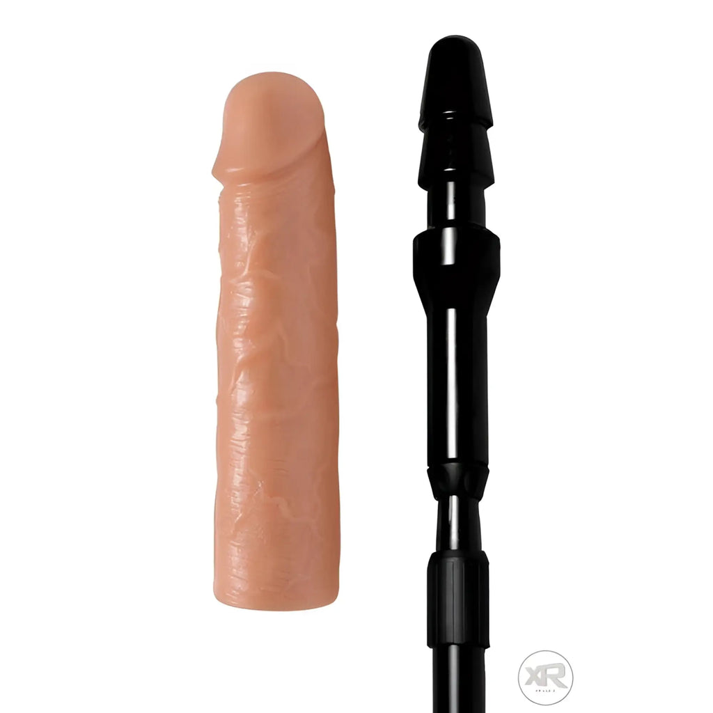 Master Series Dick Stick Expandable Dildo: beige textured silicone sleeve next to a black expandable rod on white.