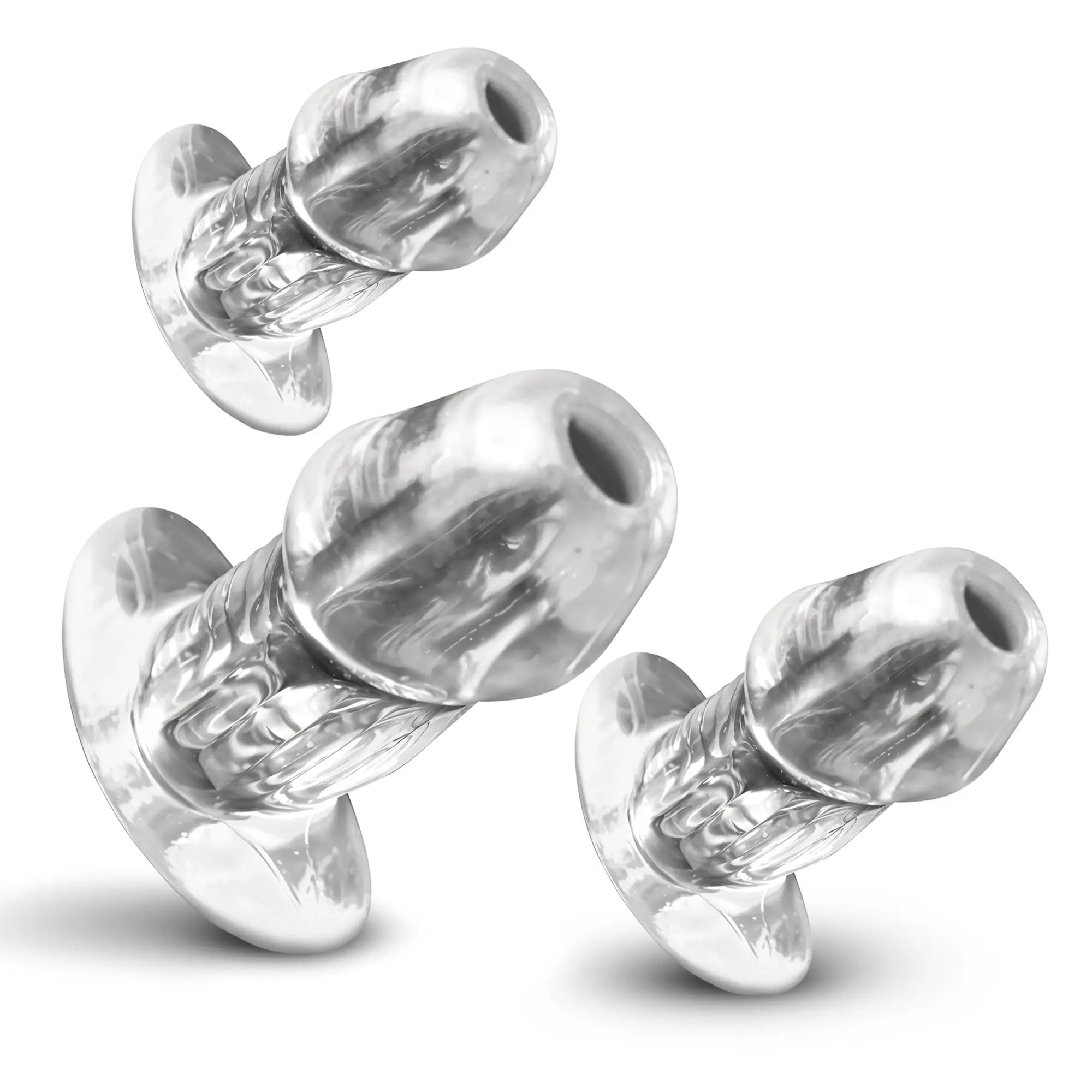Master Series 3pc set of clear, hollow, phallic-shaped anal plugs with flared bases, shown in varying sizes.