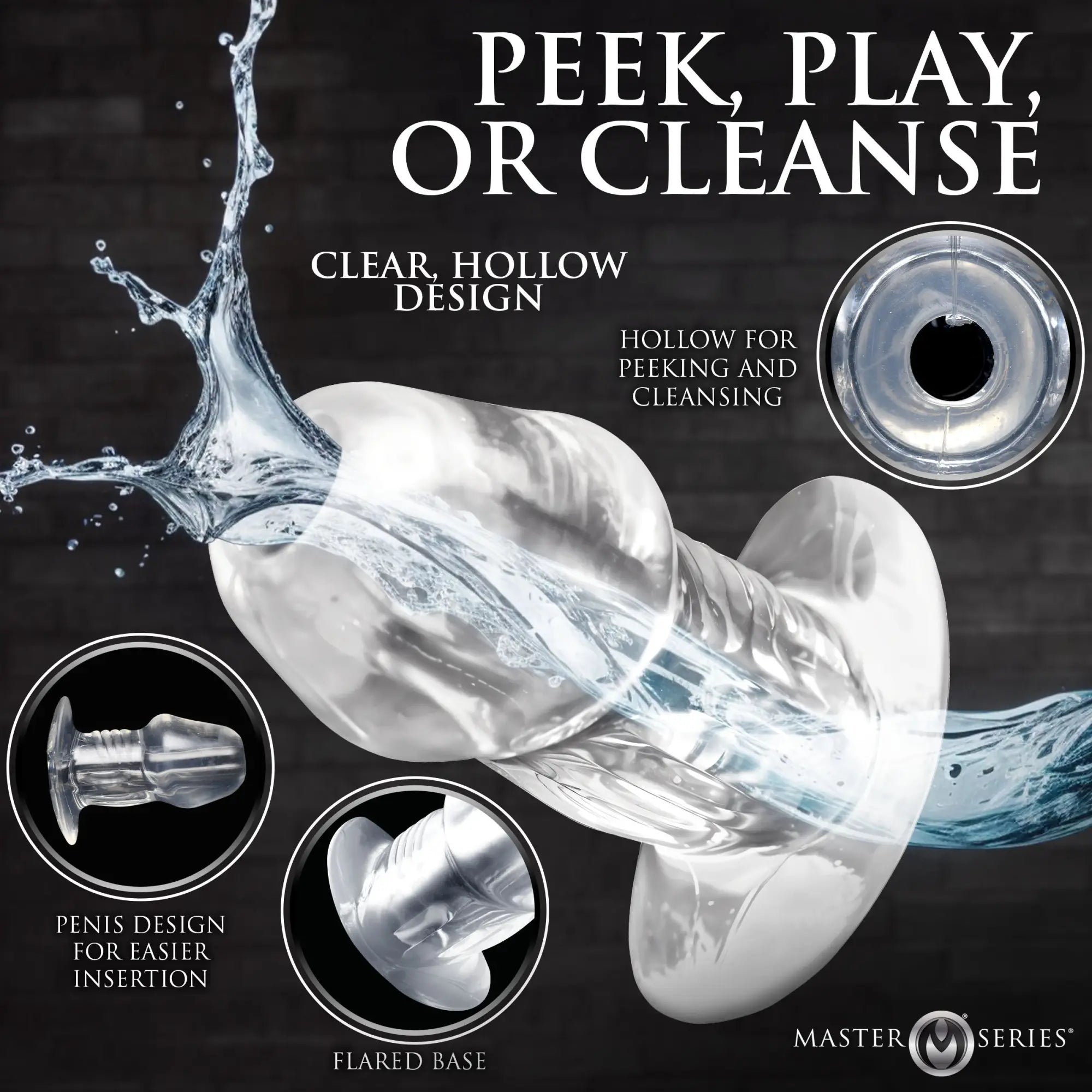 Master Series 3pc clear hollow anal plug set with flared bases, shown with water effects and descriptive text.