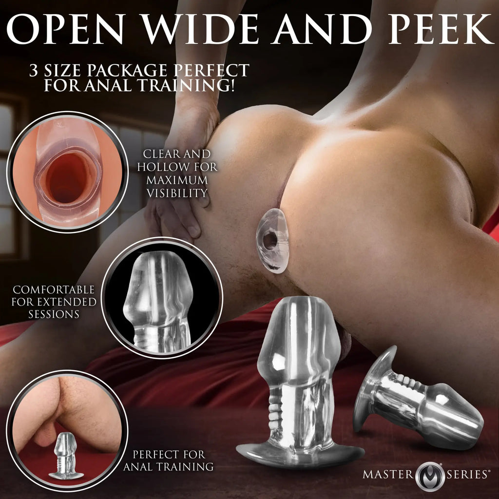 Master Series 3pc clear, hollow anal plug set, showing varying sizes for training and anatomical use.