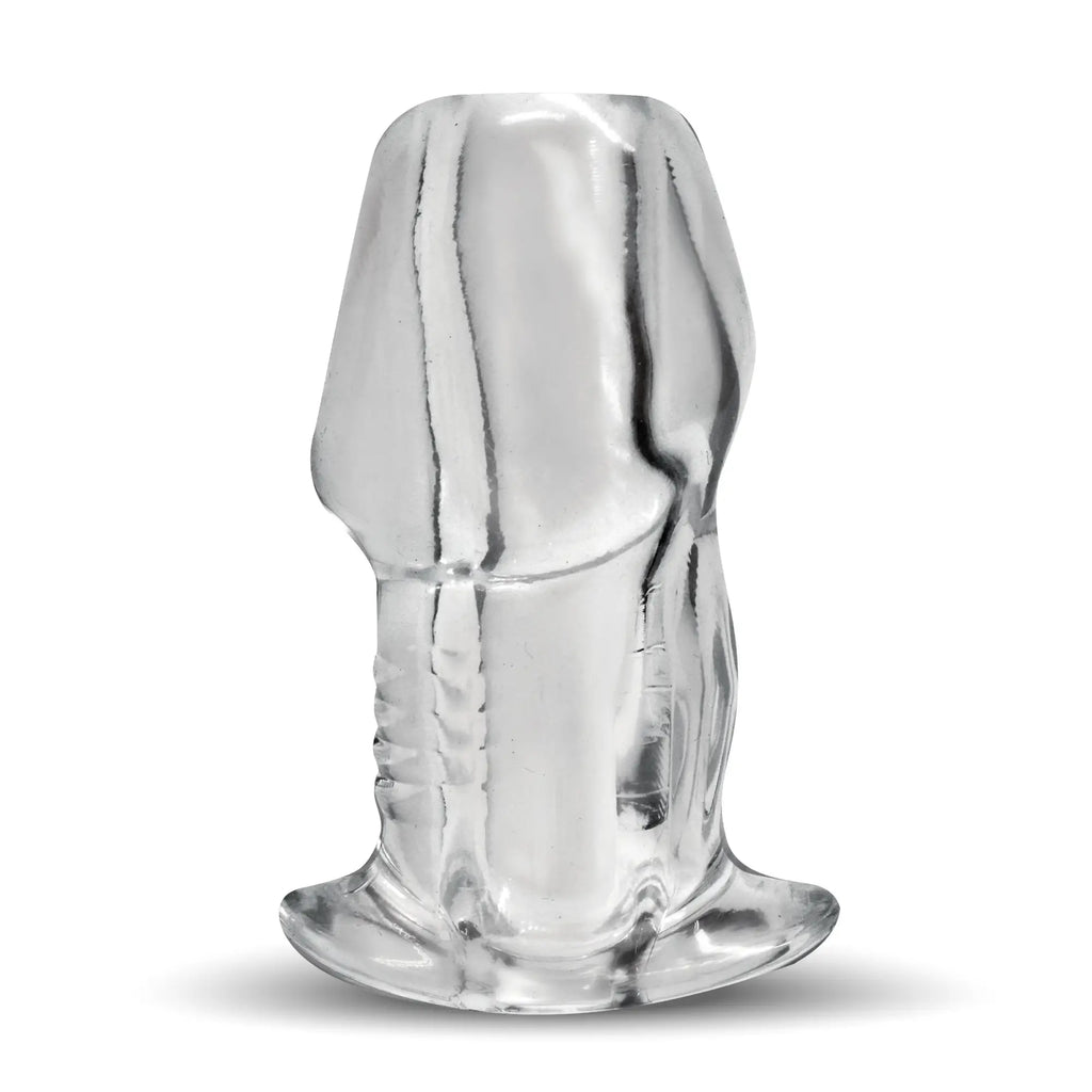 Master Series Dicked Clear Hollow Anal Plug: A transparent, phallic-shaped silicone plug with a flanged base.