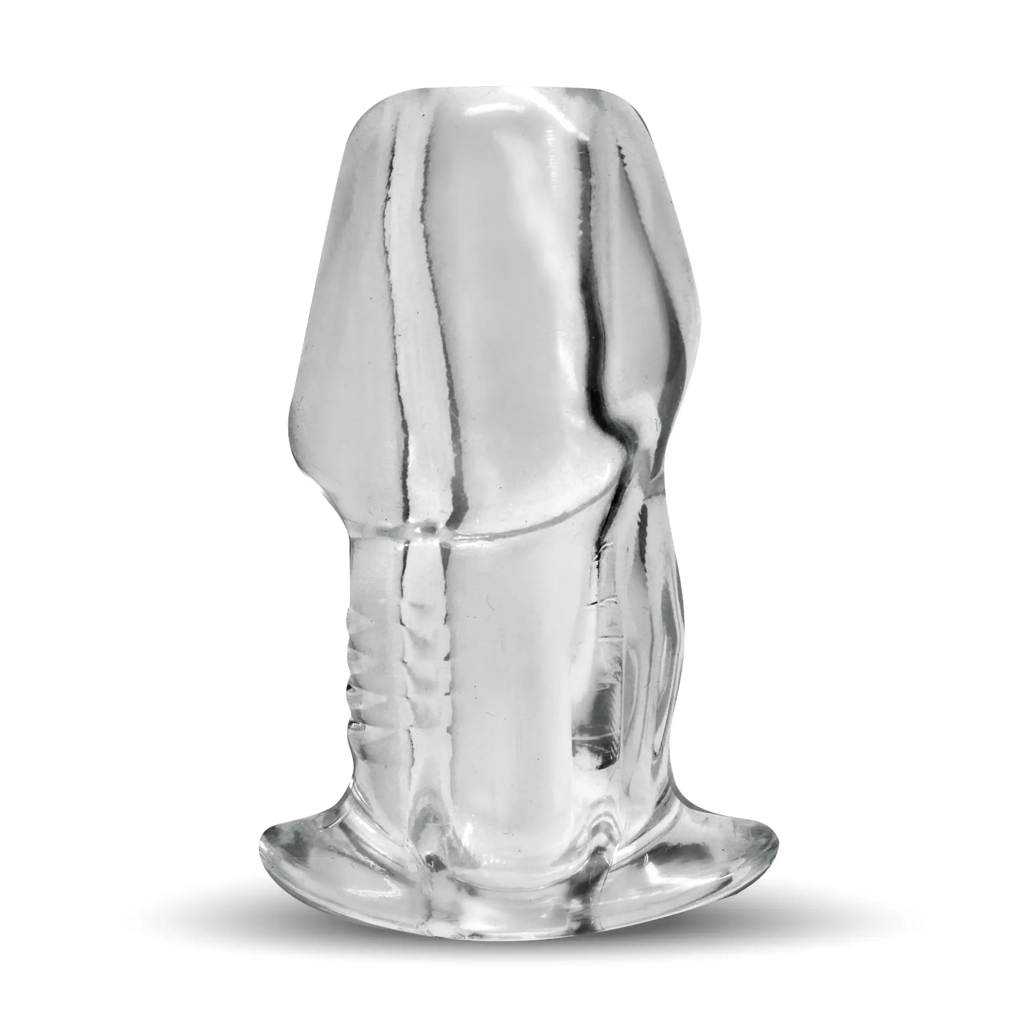 Master Series Dicked Clear Hollow Anal Plug: A transparent, phallic-shaped silicone plug with a flanged base.