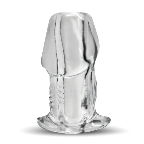 Master Series Dicked Clear Hollow Anal Plug: A transparent, phallic-shaped silicone plug with a flanged base.