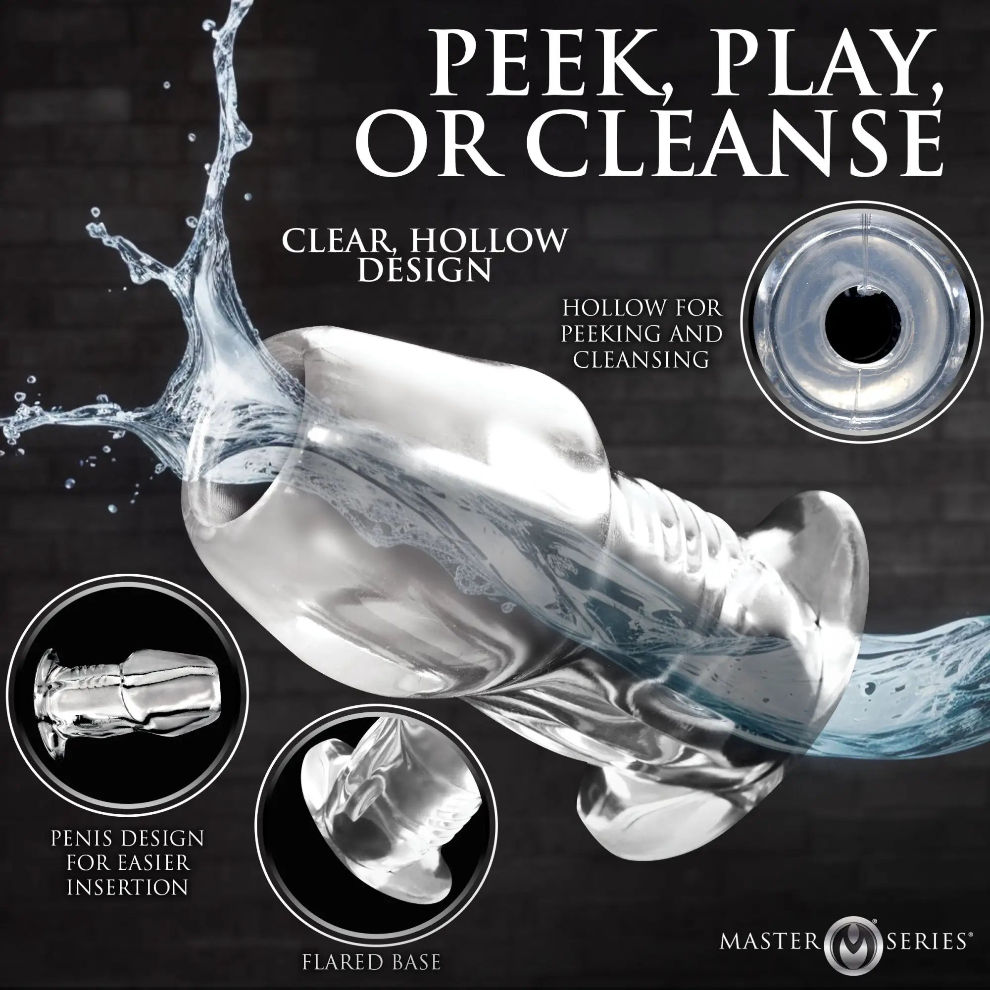 Master Series clear, hollow anal plug with a penis-shaped design, flared base, and water splash background.