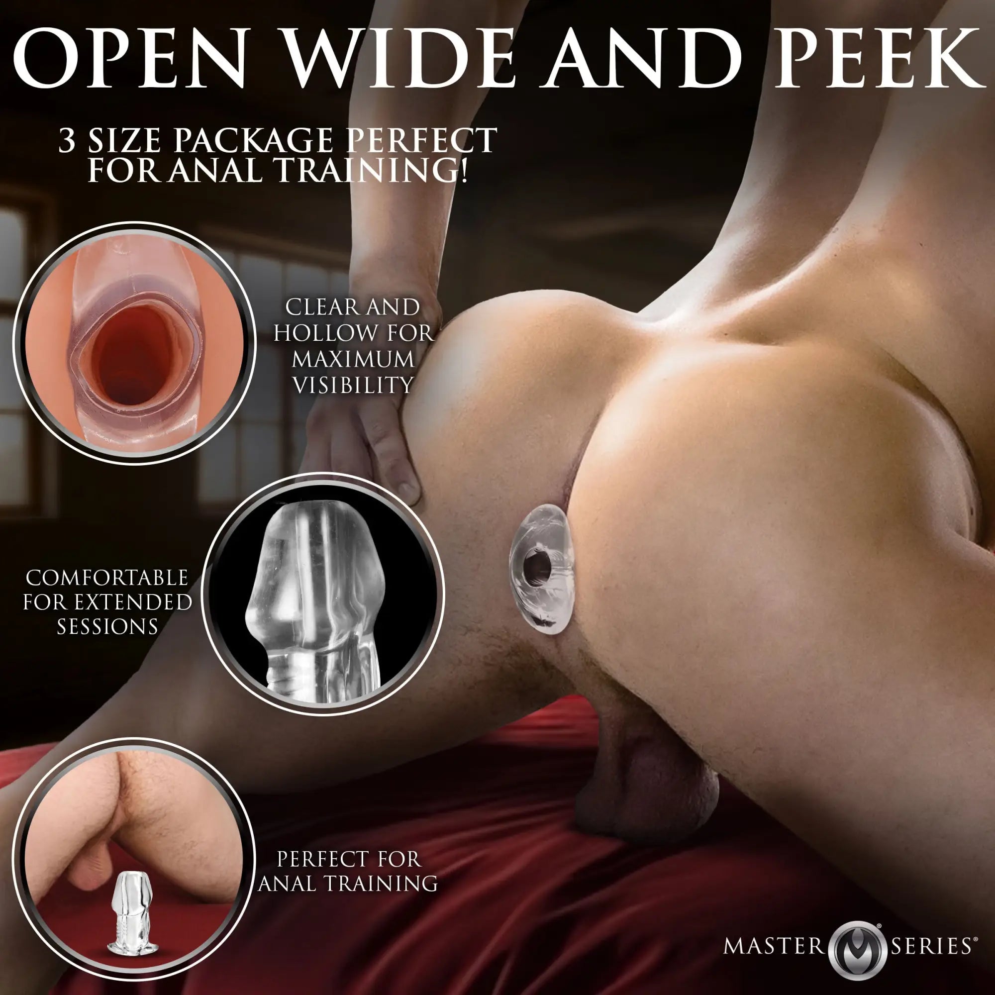 Master Series Dicked Clear Hollow Anal Plug shown in use, highlighting its clear, hollow design and phallic shape.